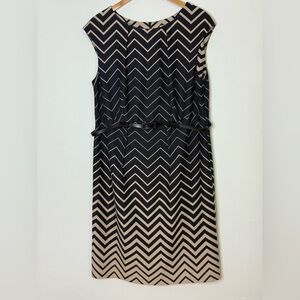 Dressbarn Chevron Midi Sheath Dress Black Tan Belted Sleeveless 16 Work Office